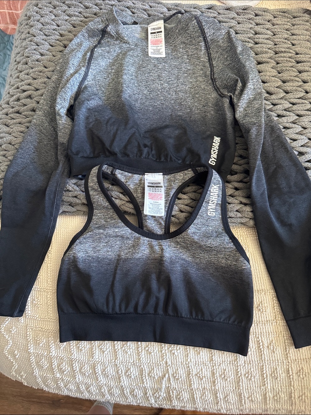 Gymshark Black and Gray Ombre Seamless Sports Bra & Crop Long Sleeve